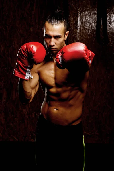 有吸引力的拳击手 在黑暗的健身房的肖像 — 图库照片