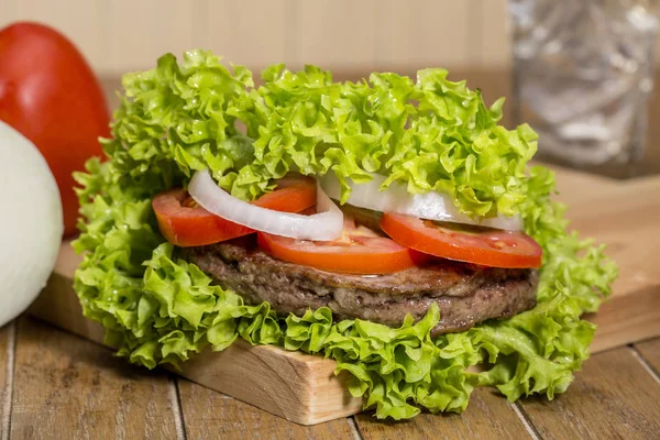 Delicious Ingredients Hamburger Wooden Board — Stock Photo, Image