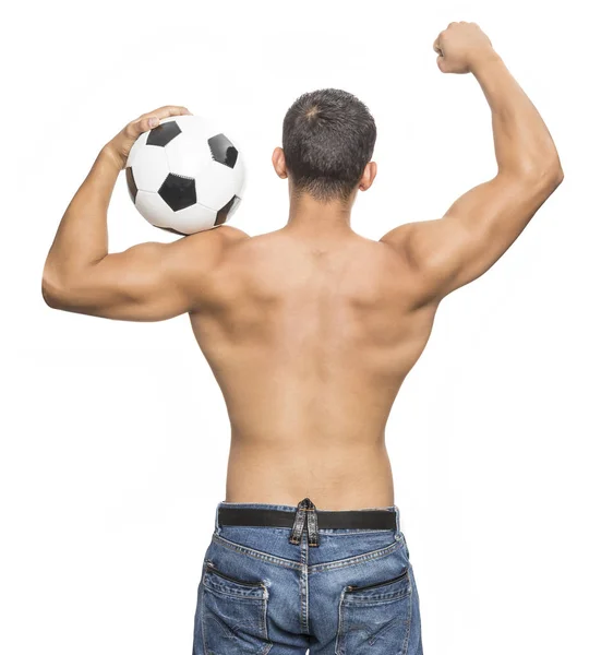 Jeune Homme Musclé Avec Ballon Football Dans Les Mains — Photo