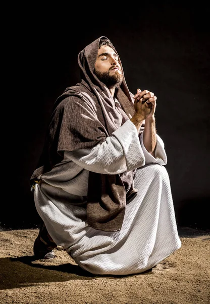 Jesucristo Orando Dios Consagrando Pan Las Uvas Oscura Noche Negra —  Fotos de Stock