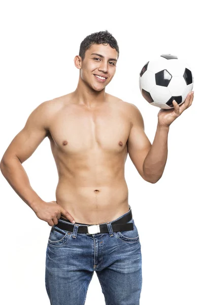 Saludable Joven Musculoso Con Pelota Fútbol Sus Brazos Sobre Fondo — Foto de Stock