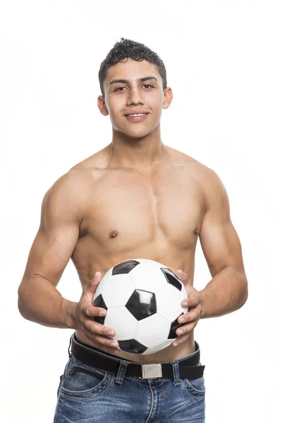 Jovem Musculoso Saudável Com Bola Futebol Seus Braços Fundo Branco — Fotografia de Stock