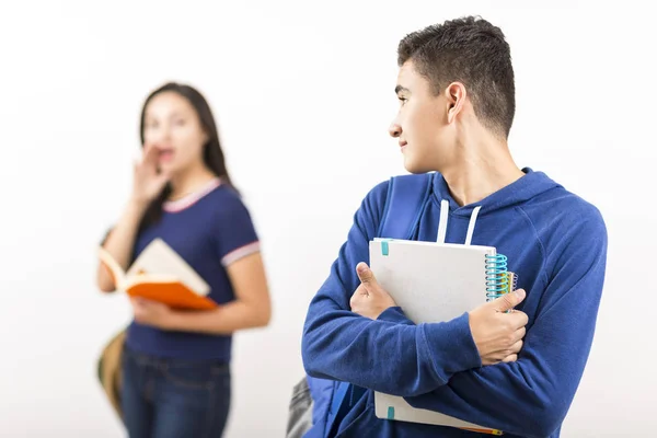 Estudantes Ensino Médio Interagindo Após Aula Sobre Fundo Branco — Fotografia de Stock