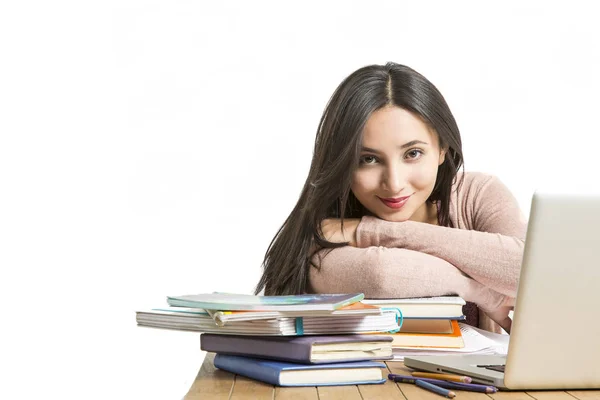 Beautiful Smiling Young Woman Books Backpack White Background — Stock Photo, Image