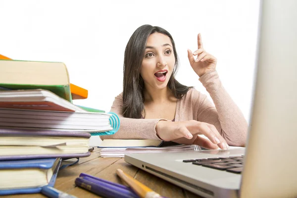 Beautiful Smiling Young Woman Books Backpack White Background — Stock Photo, Image