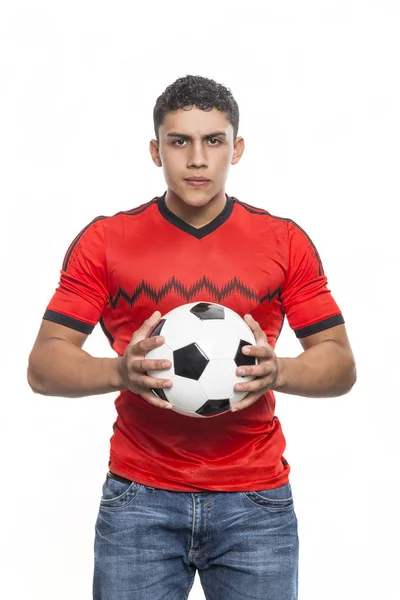 Joven Musculoso Con Pelota Fútbol Las Manos — Foto de Stock