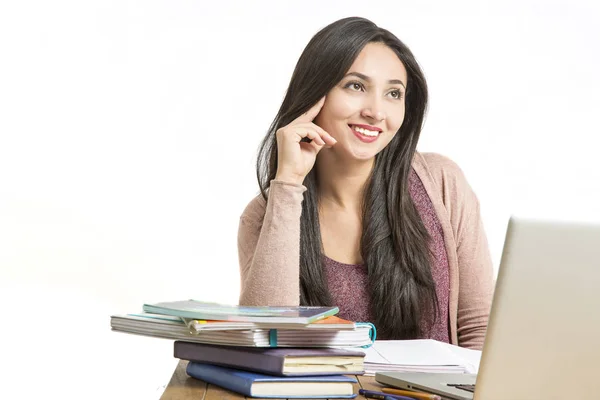 Beautiful Smiling Young Woman Books Backpack White Background — Stock Photo, Image