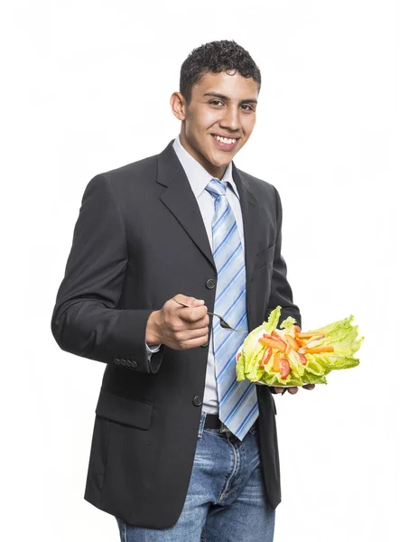 Jonge Gezonde Gespierde Man Zijn Armen Salade Plaat — Stockfoto