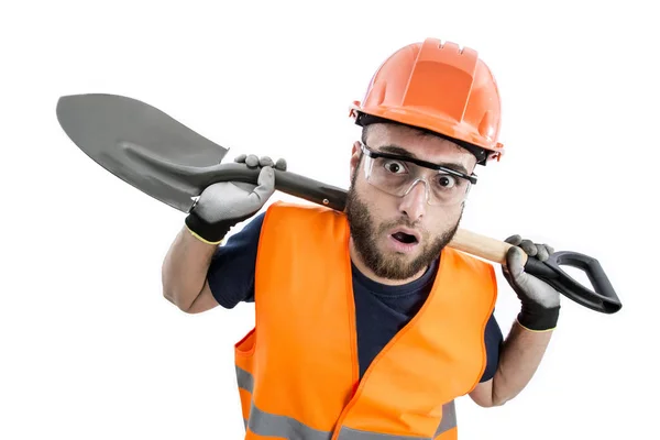 Lustiges Bild Eines Arbeiters Mit Großem Kopf Auf Weißem Hintergrund — Stockfoto