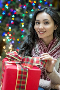 Genç güzel kız yılbaşı çam dekorasyon