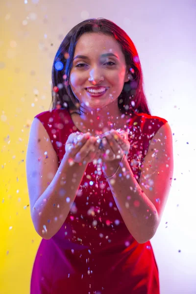 Beautiful Girl Party Background Blowing Confetti — Stock Photo, Image