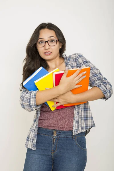 Hermosa Joven Sonriente Con Libros Mochila Sobre Fondo Blanco —  Fotos de Stock