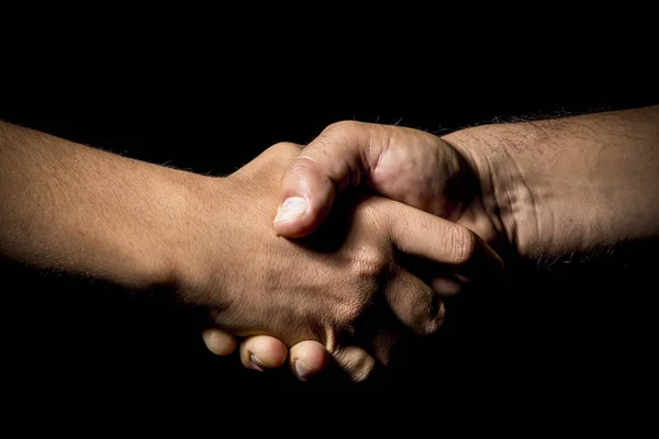 Hands Men Making Deal Salute Black Background — Stock Photo, Image