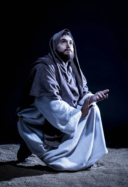 Jesucristo Orando Dios Consagrando Pan Las Uvas Oscura Noche Negra — Foto de Stock