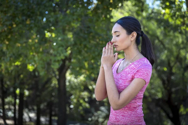 Genç Güzel Kadın Havada Egzersiz Öncesine Dua — Stok fotoğraf