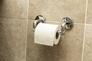 Doygunluğu azaltılmış otel veya motel banyo iç. Tuvalet kağıdı rulo yuvasını