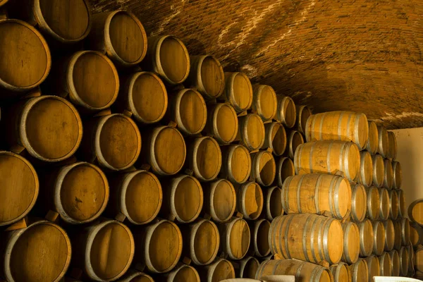 Botti Vino Impilate Nella Vecchia Cantina Della Cantina — Foto Stock