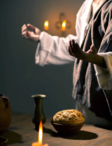 Scen Jesus Kristus Välsigna Bröd Och Vin Den Sista Måltiden — Stockfoto