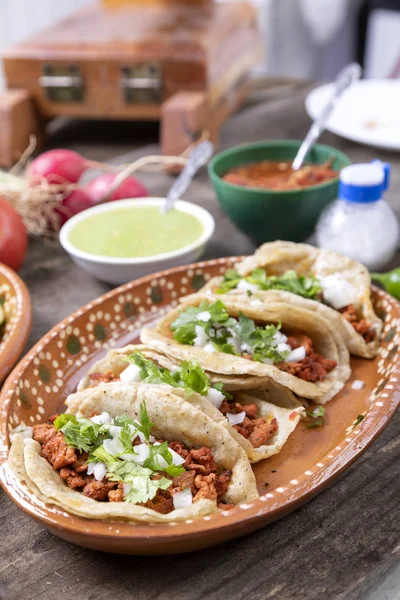 Tacos Von Fleisch Den Schäfer Oder Mariniert Typisch Mexikanisches Essen — Stockfoto