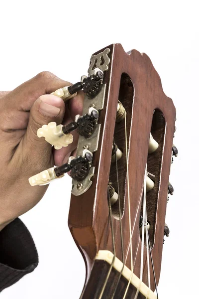 Mãos Com Guitarra Acústica Fundo Branco — Fotografia de Stock