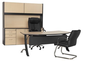 Beyaz arka planda ofis mobilyası.
