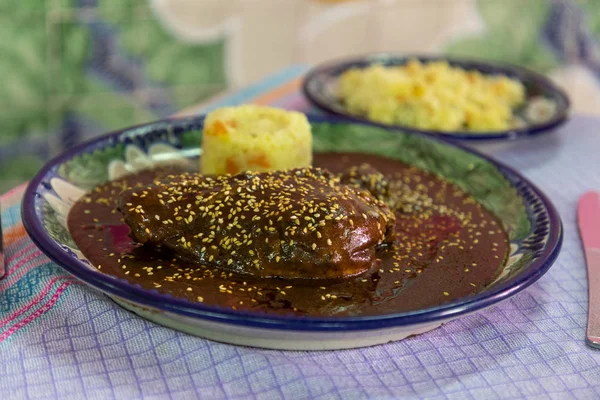 Mole poblano con semillas de sésamo y sopa de arroz , —  Fotos de Stock