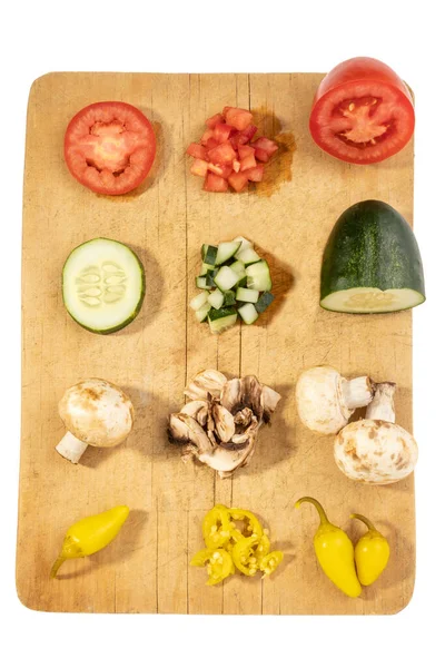 Detail Verschiedener Gemüsesorten Auf Weißem Hintergrund Chili Tomaten Gurken Und — Stockfoto
