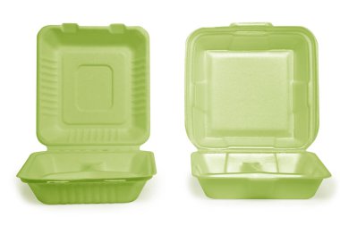 Tek kullanımlık kağıt ve poliüretan kaplar beyaz arkaplanda gölgeyle açılır