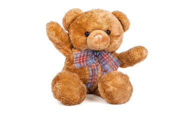 Oyuncak ayı beyaz arka planda oturuyor..