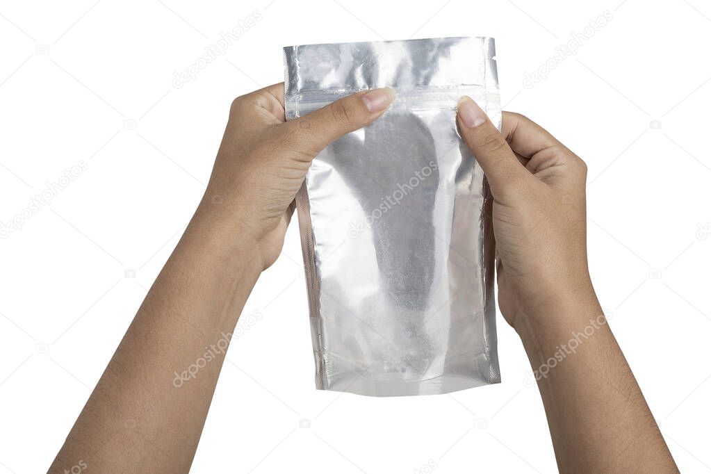 Hands with Foil package bag isolated on white background with clipping path
