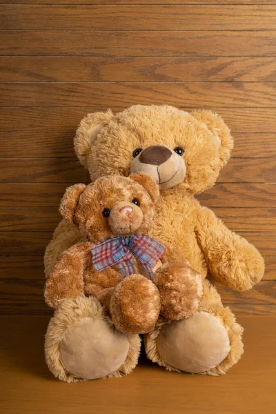 Teddy bear with little bear indoors in a wooden floor and wall.