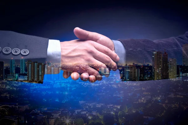 Businessmen Hands Closing Deal Double Image Night City Panorama — Stock Photo, Image