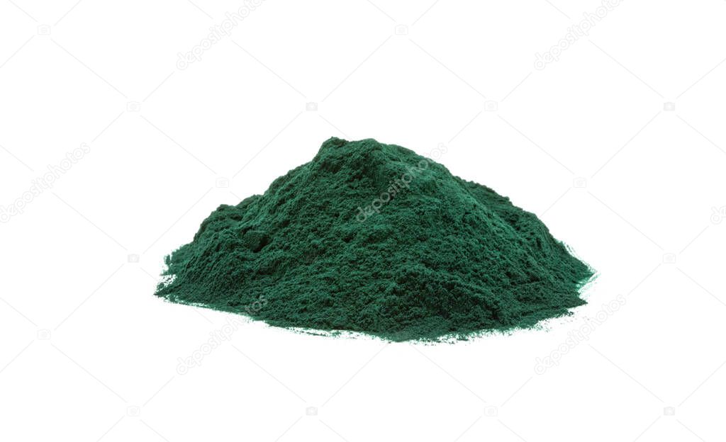 Spirulina seaweed dust food supplement on white background