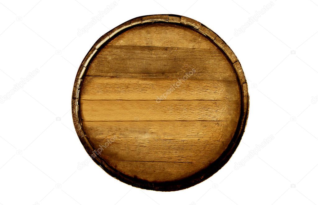 Top view of wooden barrel on white background.