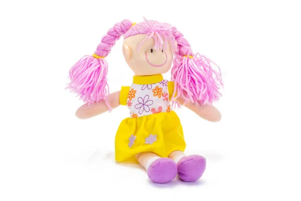 Tender Plush Doll Pink Braids White Background — Stock Photo, Image