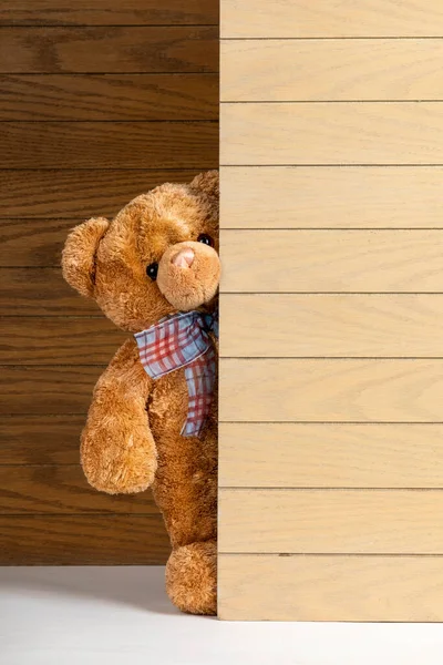 Teddy bear standing indoors with a wooden floor and wall.