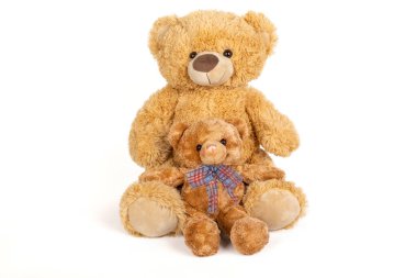 Beyaz arka planda küçük ayıcığı olan oyuncak ayı.