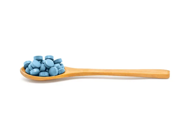 Compresse Medicinali Vitamine Integratori Alimentari Colore Blu Con Cucchiaio Legno — Foto Stock