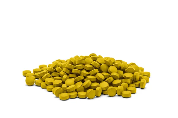 Φάρμακα Δισκία Βιταμίνες Και Συμπληρώματα Διατροφής Κίτρινου Χρώματος Λευκό Φόντο — Φωτογραφία Αρχείου