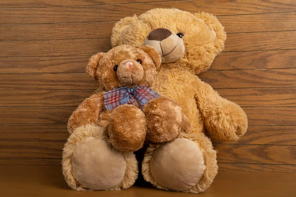 Teddy Beruang Dengan Sedikit Beruang Dalam Ruangan Lantai Kayu Dan — Stok Foto