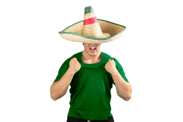 Joven Patriota Mexicano Con Sombrero Guardabosques Celebrando Grito Independencia —  Fotos de Stock