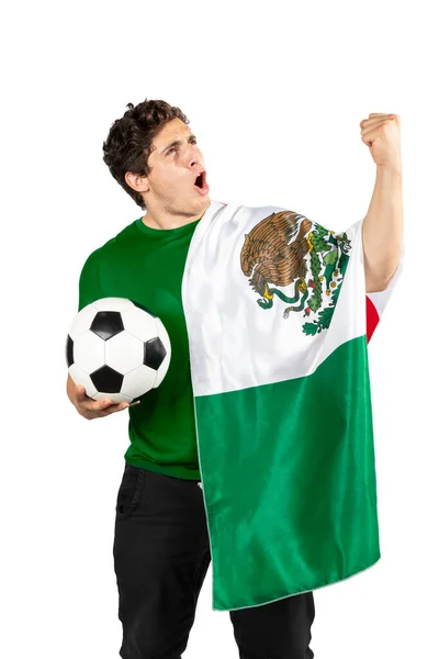 Joven Hombre Triste Con Una Pelota Fútbol Una Bandera Mexicana —  Fotos de Stock