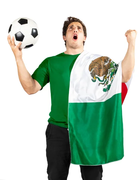 Joven Hombre Triste Con Una Pelota Fútbol Una Bandera Mexicana —  Fotos de Stock