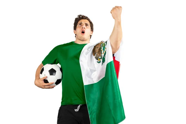 Fiatal Szomorú Férfi Egy Focilabdával Egy Mexikói Zászlóval Érzelmei Kiabálása — Stock Fotó