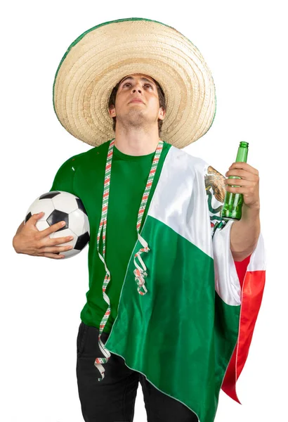 Young Sad Man Ranger Hat Beer Soccer Ball Mexican Flag — Stock Photo, Image