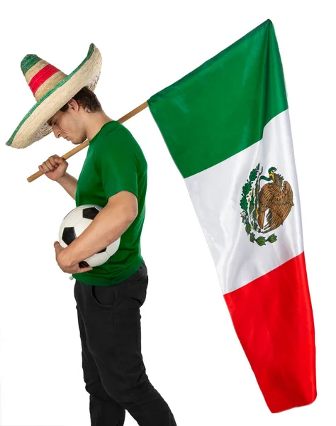 Jeune Homme Triste Avec Chapeau Ranger Ballon Football Drapeau Mexicain — Photo