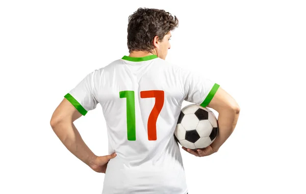 Ung Patriotisk Man Med Fotbollsboll Efter Skrik Känslor Ung Fotbollsspelare — Stockfoto