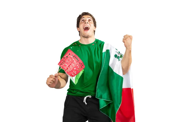 Jonge Patriot Mexicaan Met Een Mexicaanse Vlag Geschreeuw Van Emotie — Stockfoto