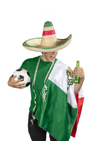 Joven Patriota Mexicano Con Sombrero Guardabosques Bandera Mexicana Gritando Emoción —  Fotos de Stock