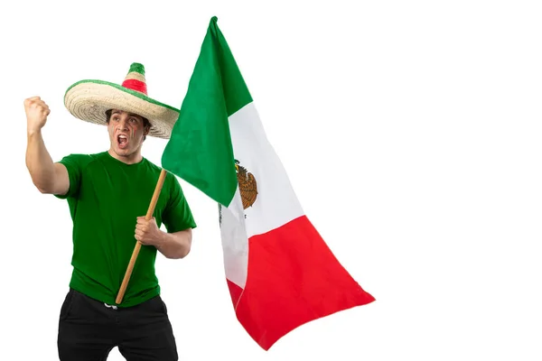 Joven Patriota Mexicano Con Sombrero Guardabosques Bandera Mexicana Gritando Emoción —  Fotos de Stock